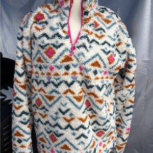 Eddie Bauer White Sherpa Pullover with Teal, Rust & Pink Pattern